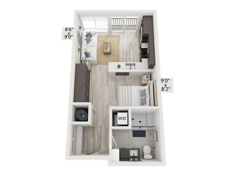 Floor plan for studio, 1 bath, 505 sqft